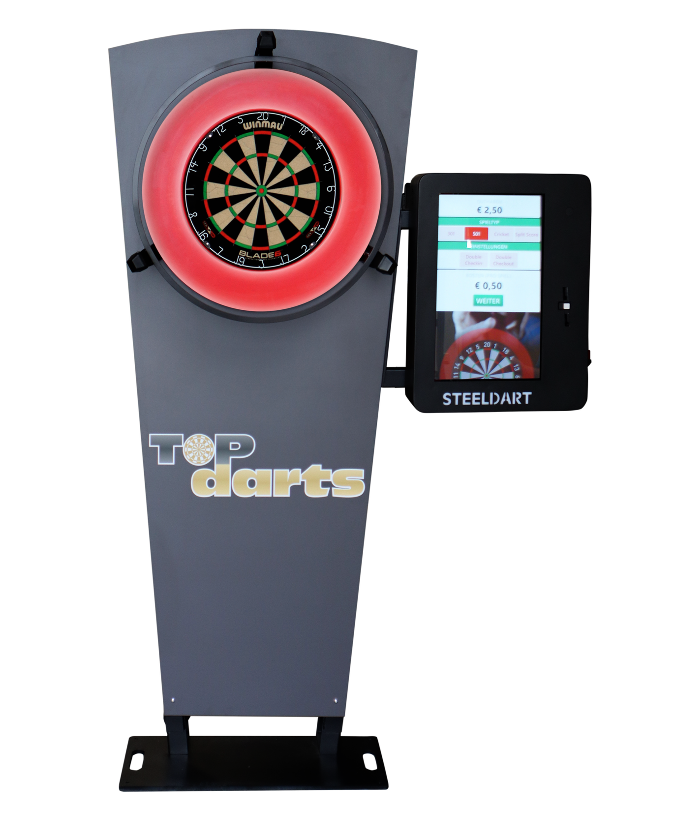 Top Darts -automaatti, moderni elektroninen darts-taulu kosketusnäytöllä ja automaattisella pisteenlaskulla.