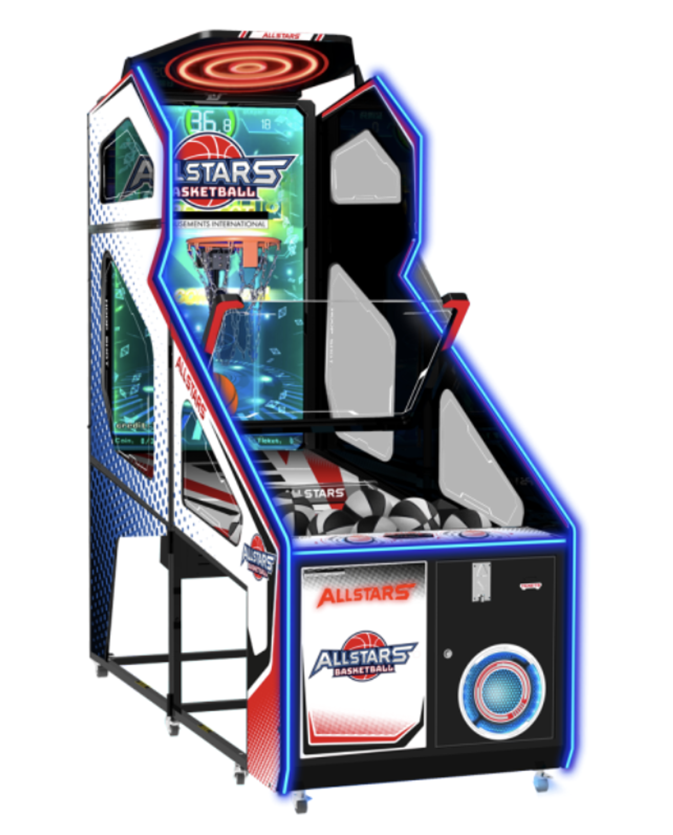 Allstars Basketball -koripallopeli, LED-valaistu ja 65 tuuman näytöllä varustettu arcade-peli.