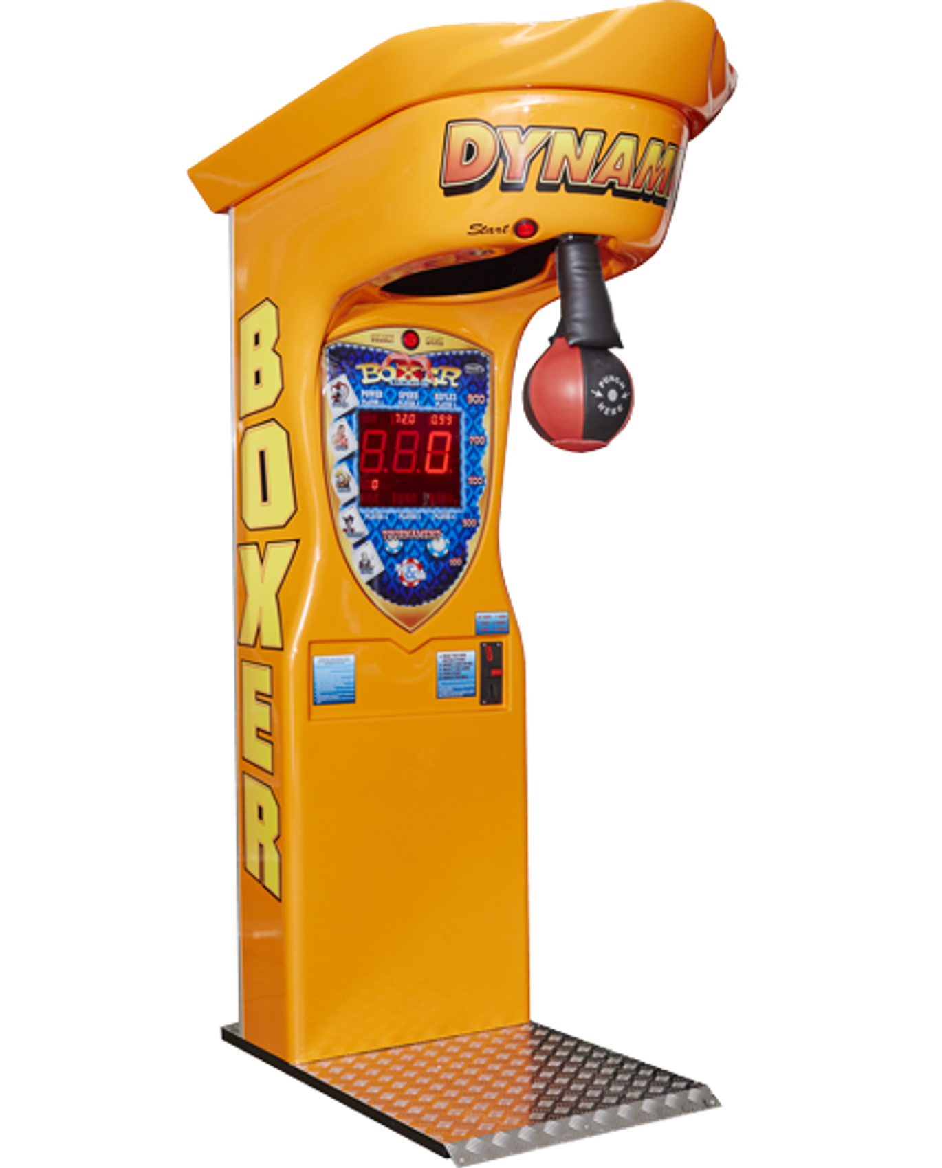 Keltainen Dynamic Boxer -nyrkkeilykone, jossa digitaalinen pistelaskuri ja korttimaksuominaisuus.